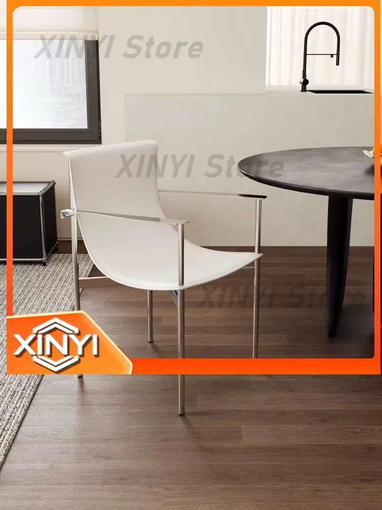 Bauhaus Dining Chairs for Living Room Furniture Stainless Steel Italian Saddle Leather Island Platform Armchair with Backrest