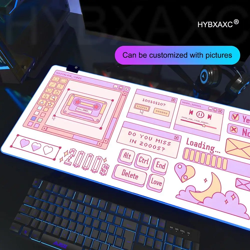 Cute Grid Pink Vaporwave Anime Mouse Pad RGB Gaming Mouse Pad Desk Mat HD Gamer Large LED Light XXL MousePads PC Computer Carpet