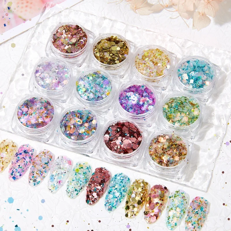 12 Color Set Of Gold Onion Iridescent Light Changing Mixed Glitter, European Foil Powder, Chameleon Nail Decoration