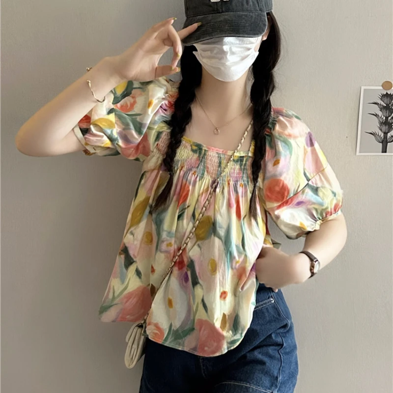 Puff Sleeve Blouses Women Korean Clothing High Street Leisure Floral Dopamine Tops College Holiday Square Collar Simple Summer