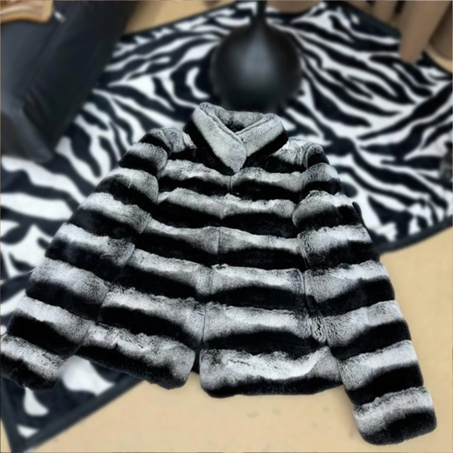 리얼 렉스 토끼털 자켓 하이 칼라 여성용 겨울 자켓 친칠라 색상 퍼 자켓 럭셔리 천연 가죽 자켓