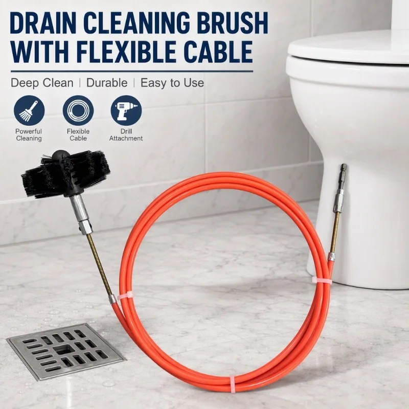 Pipe Dredger Flexible Drain Snake Tool with Black Brush Head Attachment - For Electric Drill Sewer Sink Pipe Clog Remover