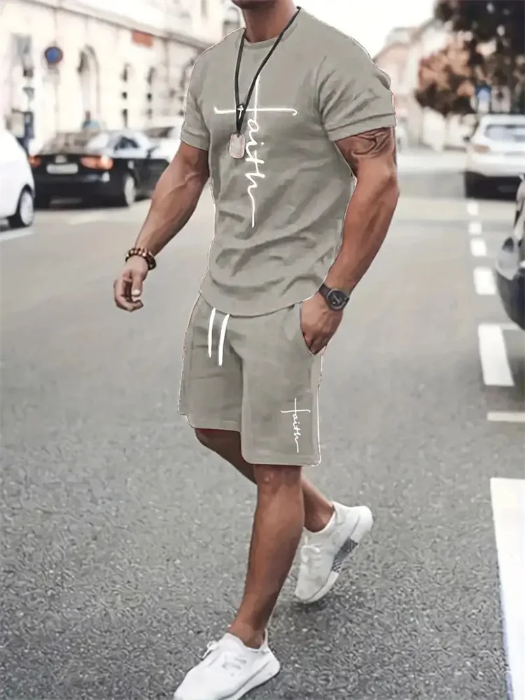 Mens T Shirt Shorts Set Fashion Mens Cross Printed Short Sleeve Two Pieces Oversized Outdoor Beach Sports Men\'s Plus Size Suit