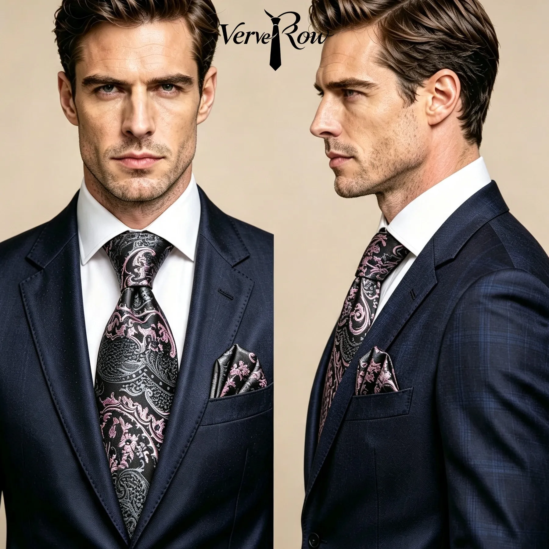 VERVEROW Men Black Pink Paisley Jacquard Necktie Pocket Square Set Elegant Formal Tie Handkerchief Suit for Wedding