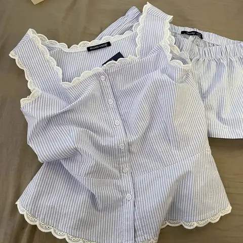 Summer Stripe Sleepwear Women Home Clothes Vest Set Lace Trim Cotton Sleeveless Round Neck Tank Top Shorts 2 Piece Pajamas Home