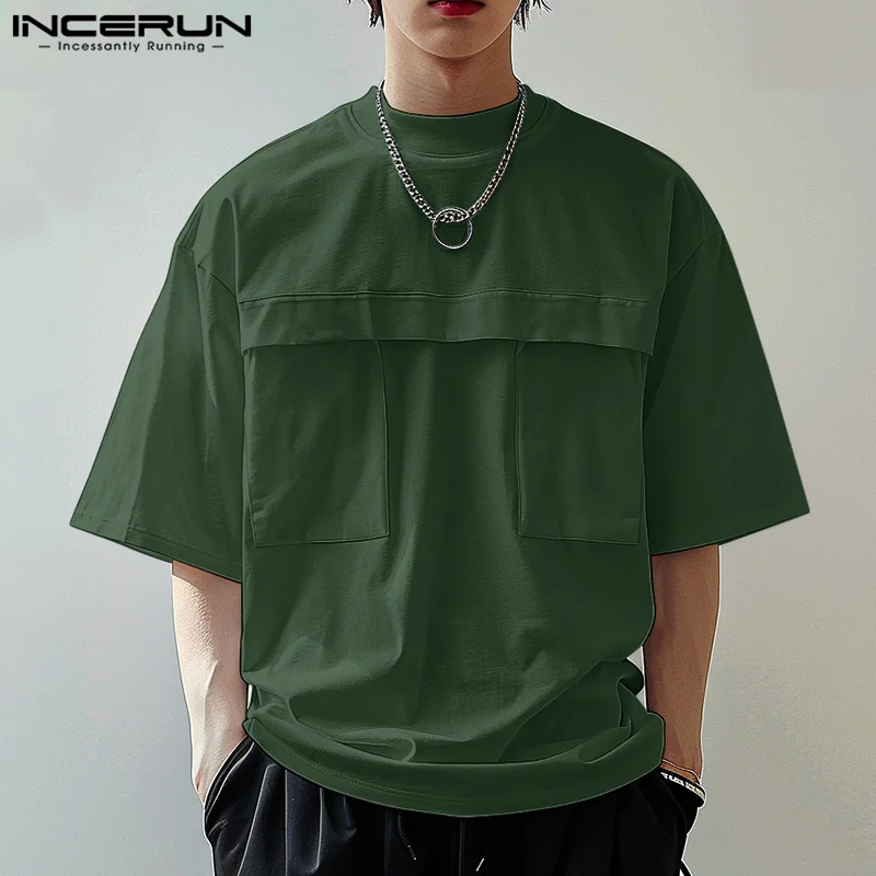 INCERUN Men T Shirt Solid Color O-neck Short Sleeve Summer Casual Men Clothing Streetwear 2024 Loose Korean Fashion Tee Tops image 2