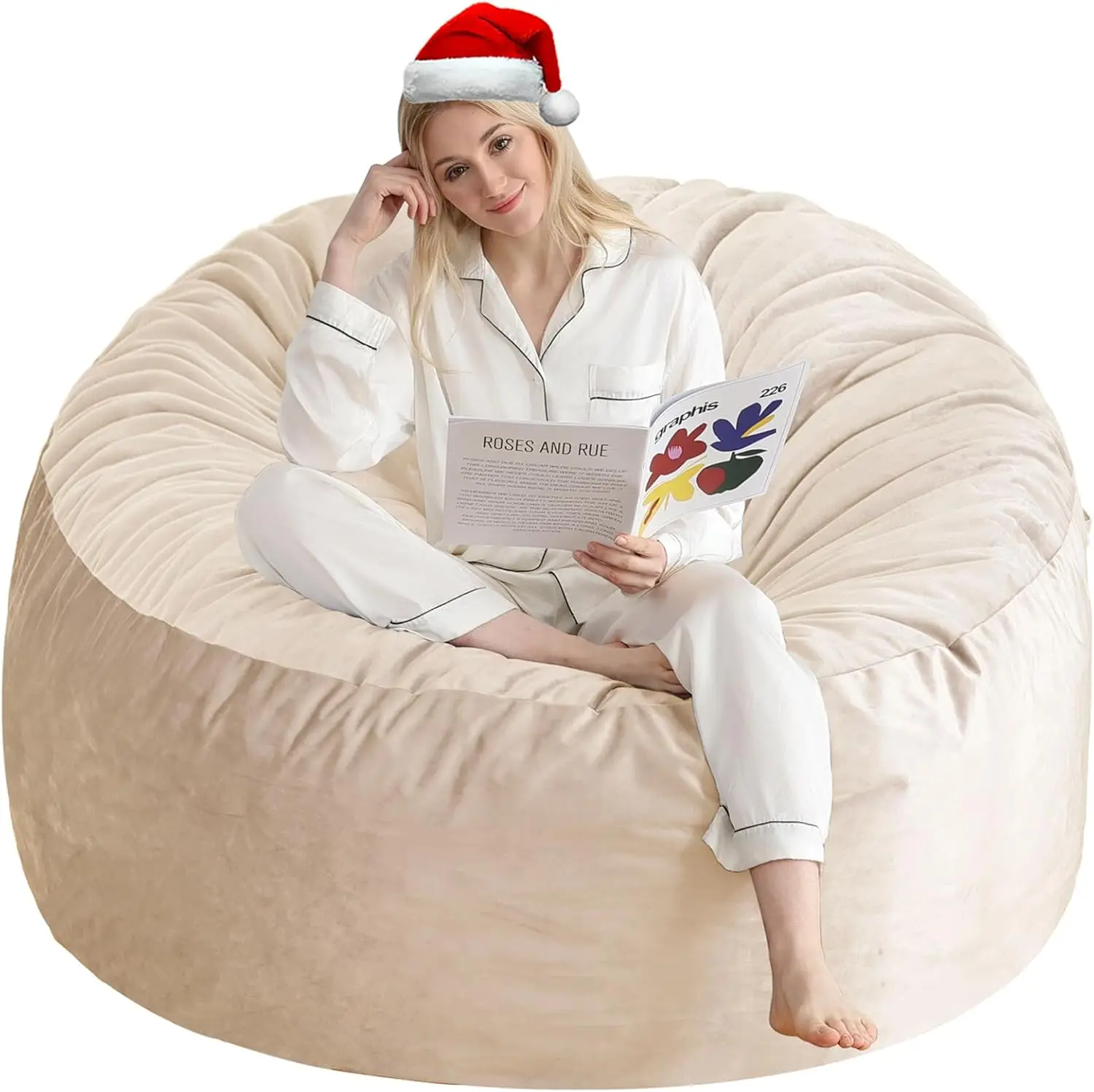 

3 Ft Memory Foam Bean Bag Chair, Round Velvet Sofa with Filler, Beige