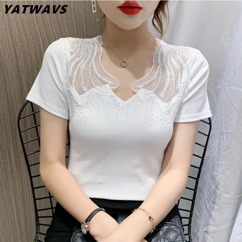 New 2023 Summer Women\'s T-Shirt Fashion Casual Short Sleeved Sexy Hollow Out Hot Diamond Tops Girl Elasticity Cotton Tees Blusas