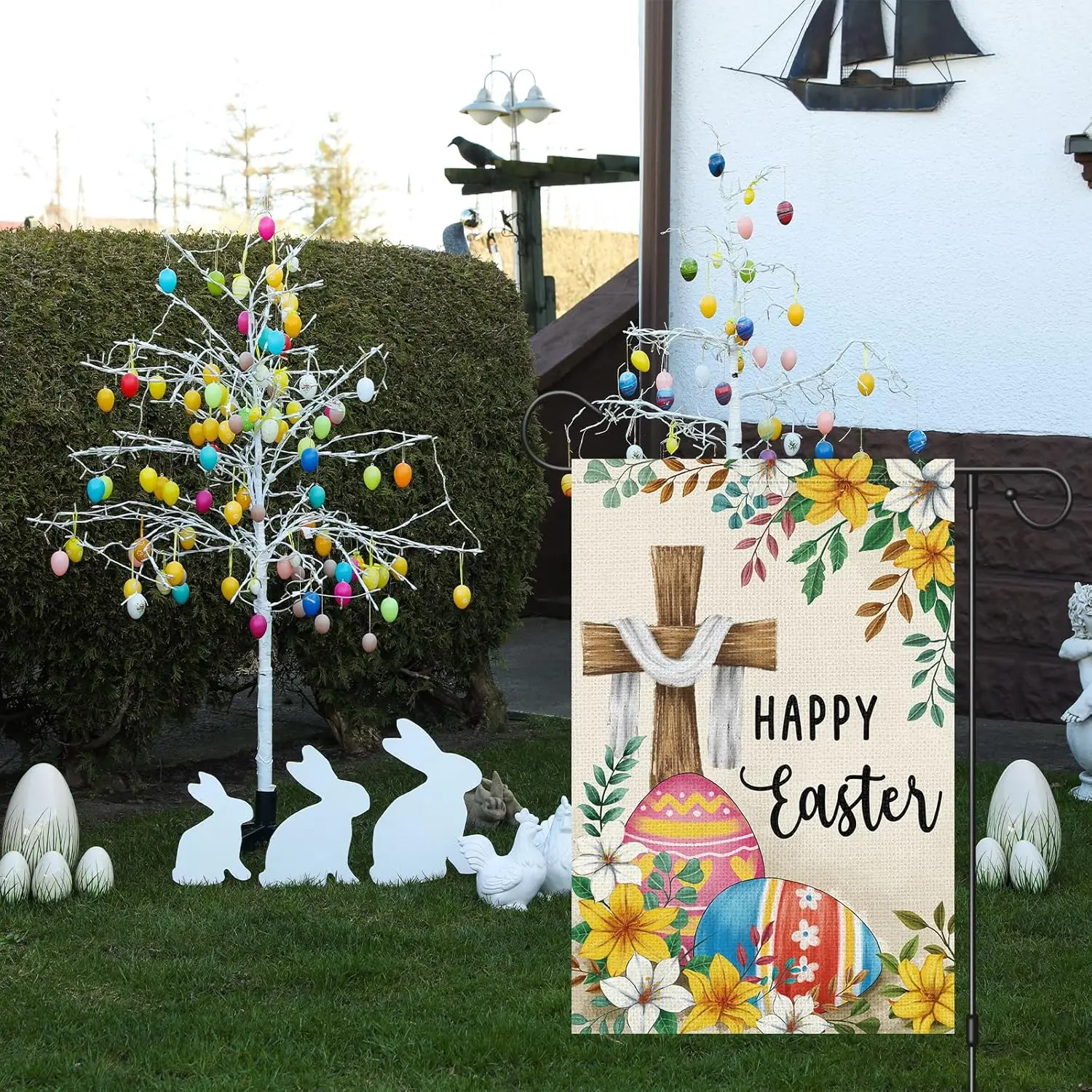 Happy Easter Cross Garden Flag 12x18 Inch Double Sided Burlap Lily Easter Eggs Yard Flags Farmhouse Holiday Outdoor Decor