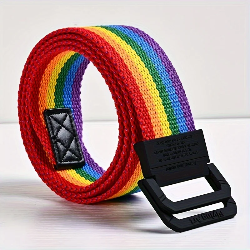 Siebenfarbiger Regenbogen-Canvas-Gürtel mit doppelter Ringschnalle für Damen und Herren, lässiger Hosengürtel – Detail 12