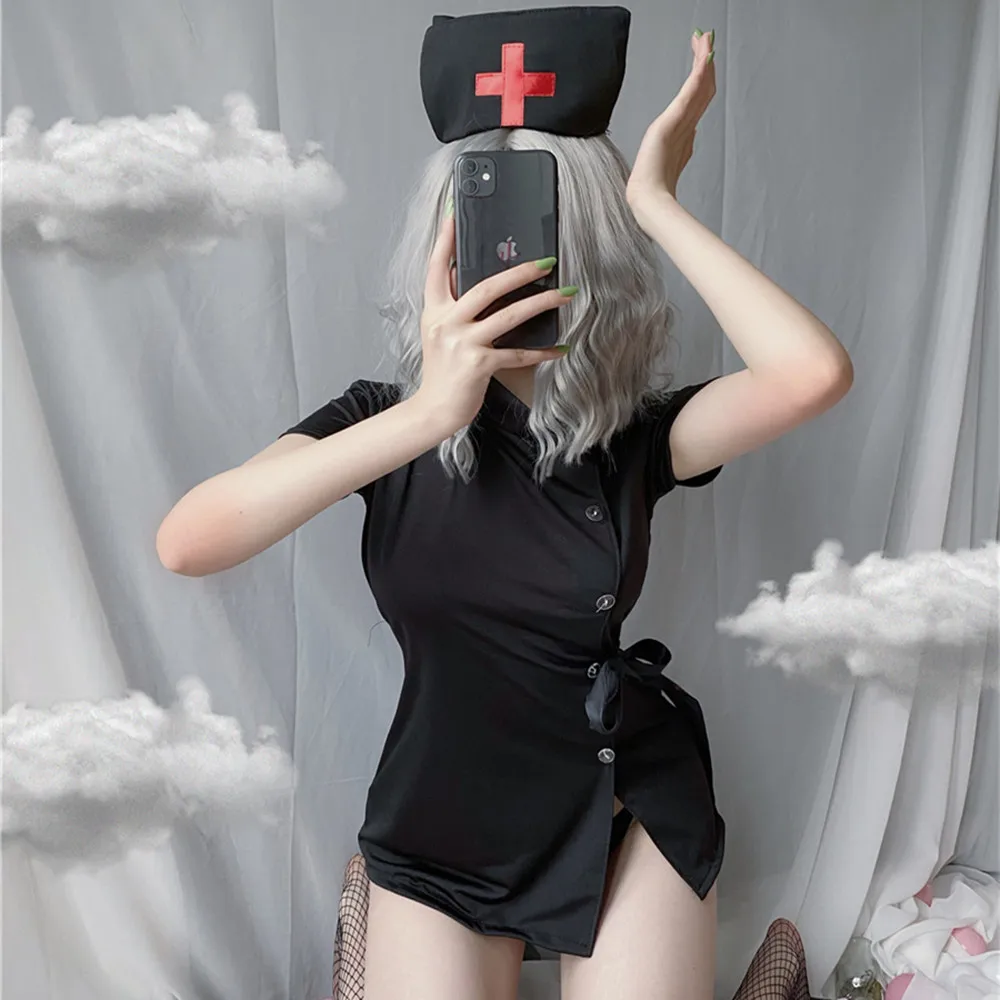 

Hot Temptation Skirt Adult Couple's Game Black Nurse Uniform Ladies Sexy Costumes Hot Underwear Bodycon Dress With Button