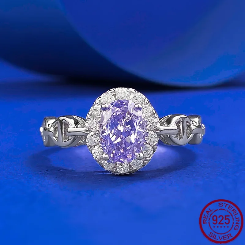 

New S925 Silver High Carbon Diamond 5 * 7mm Lavender Purple Diamond Ring for Daily Fashion, Light Luxury Wedding Jewelry