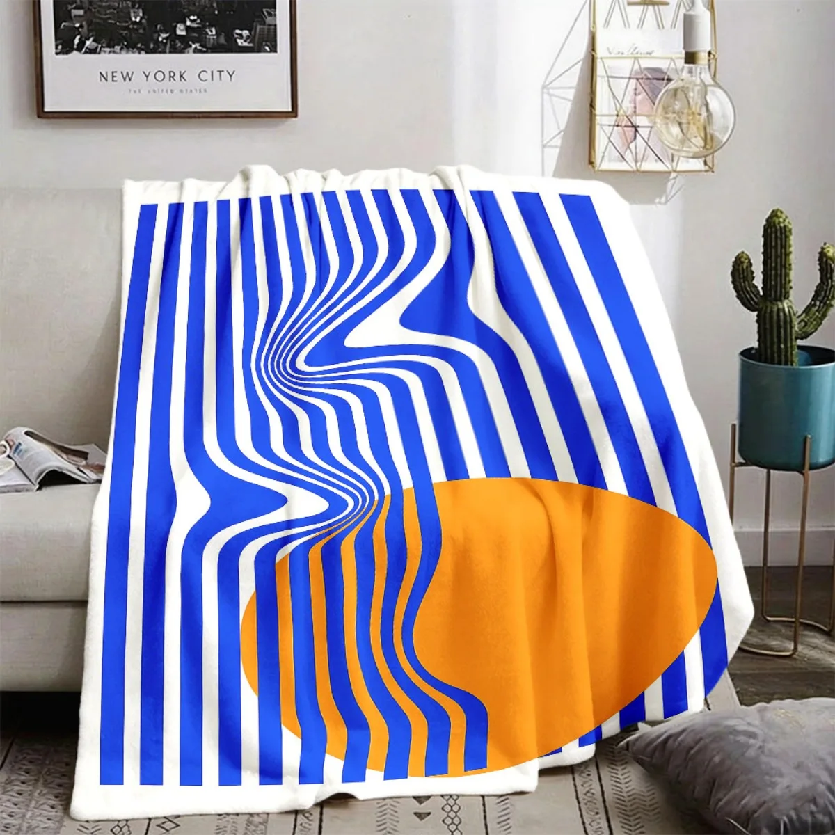 Retro Warped Vertical Stripe Orange Round Geometric Pattern Fleece Blanket Cozy for Sofa Camping Trend All Season Home Ornament
