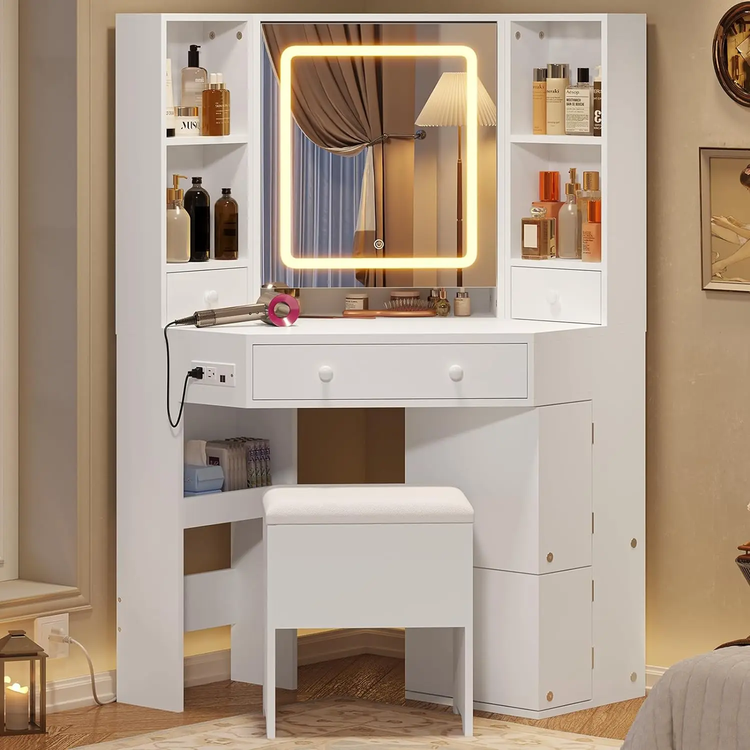 Corner Vanity Desk with Lights and Charging Station, Makeup Vanity with Lights, Mirror and Storage Stool, Makeup Table w/Drawers