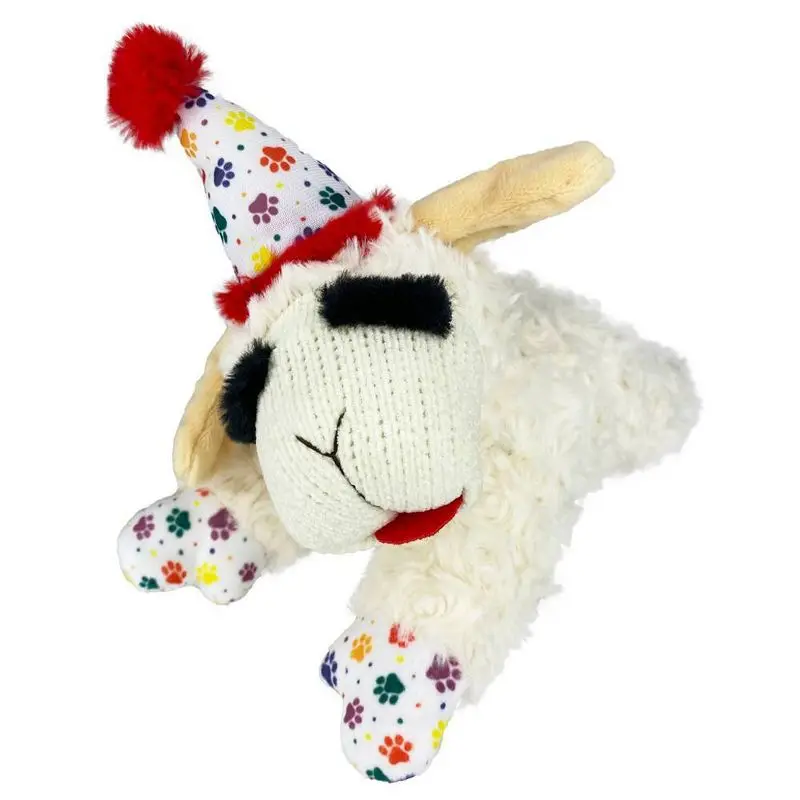 

Birthday Lamb Chop Dog Toy Plush Squeaky Puppy Small Medium Size Cuddle Play Party Celebration Fun Soft Pet Chew