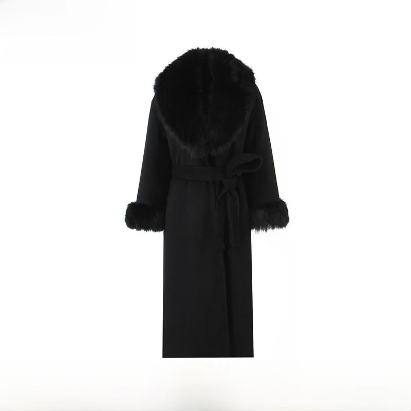 

Модное длинное шерстяное пальто с большим меховым воротником и поясом, осень-зима, Новое поступление, женское уличное пальто из полиэстера
