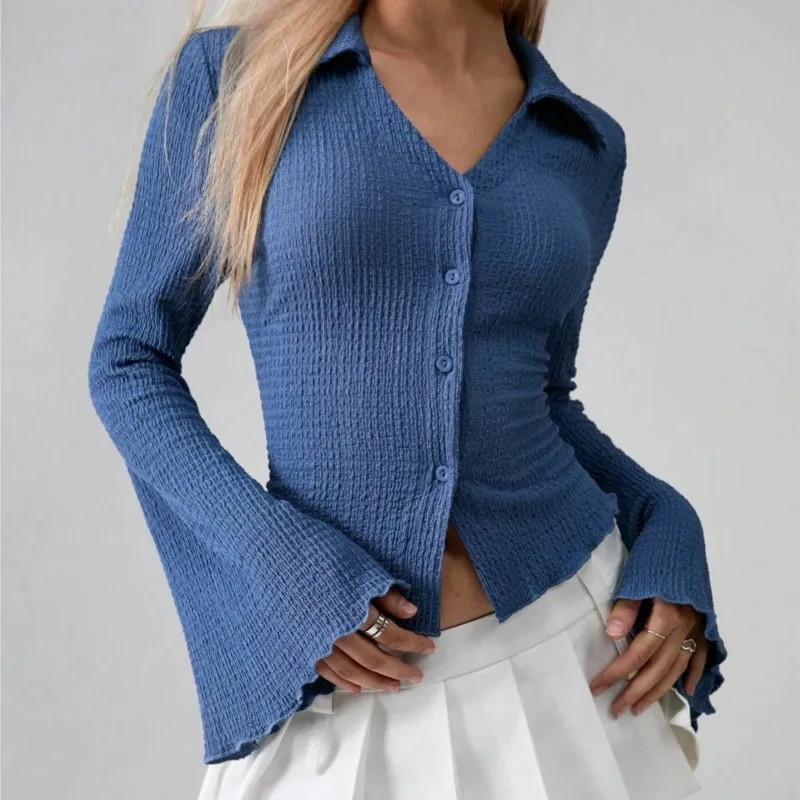 

Women Slim Blue White Autumn Shirt Polo Collar Single Breasted Shoulder Long Flared Sleeve Solid Color Crop Top Blouse Camisas