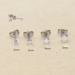 Stainless Steel Push Back Men Women Stud Earrings With AB Color Zircons 2 3 4 5MM For Choose Brief Style