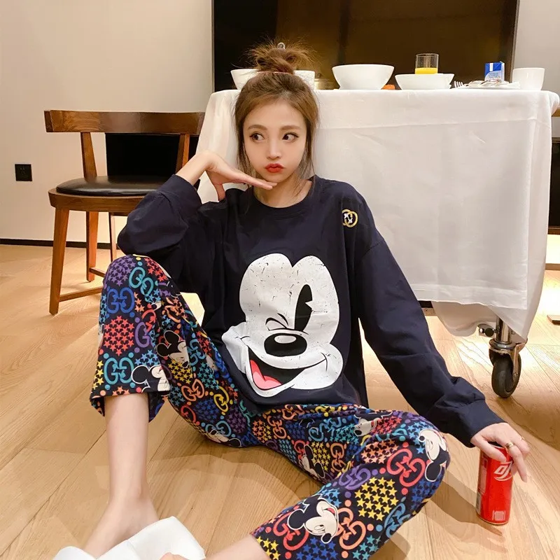 Pyjama imprimé dessin animé Disney Mickey, 2 pièces, manches longues, pantalon femme, mignon, vêtements de maison chauds, collection printemps et