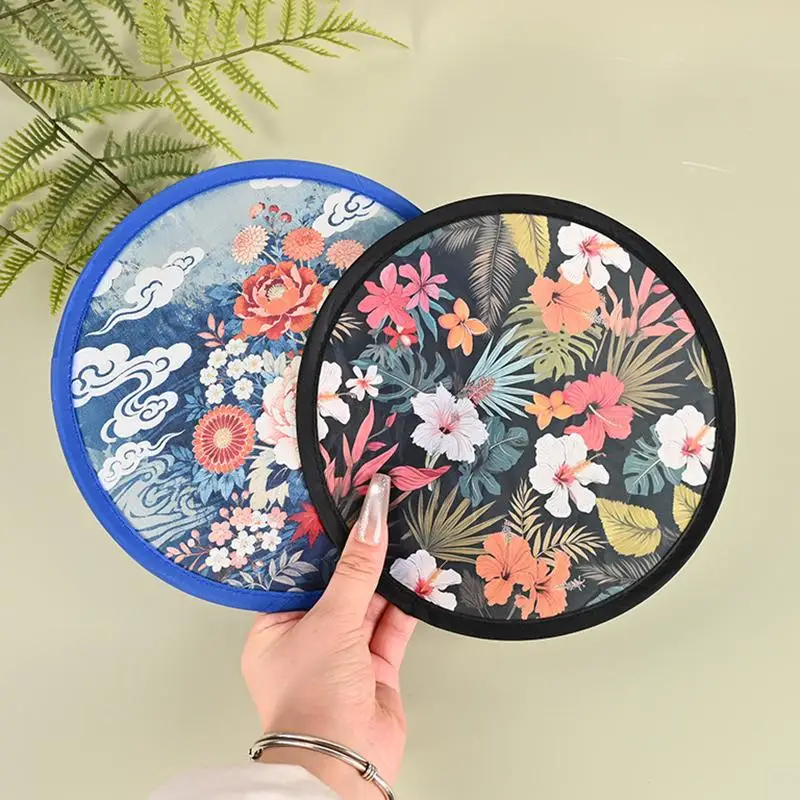 New！Mini Japanese Style Folding Fan Flower Pattern With Pocket Collapsible Fan Round Handheld Fan Outdoor Activities