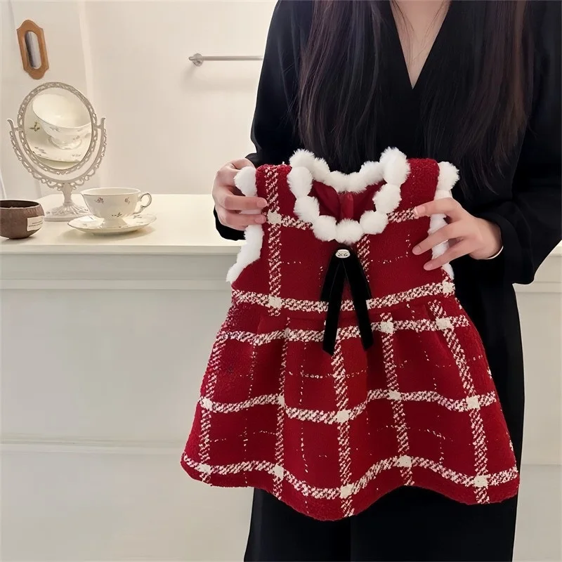 

Girls Sleeveless Dress with Gold Bow Red Checked Pattern Toddler Party Wear Formal Dresses Children's Holiday Outfit 2-8 Years