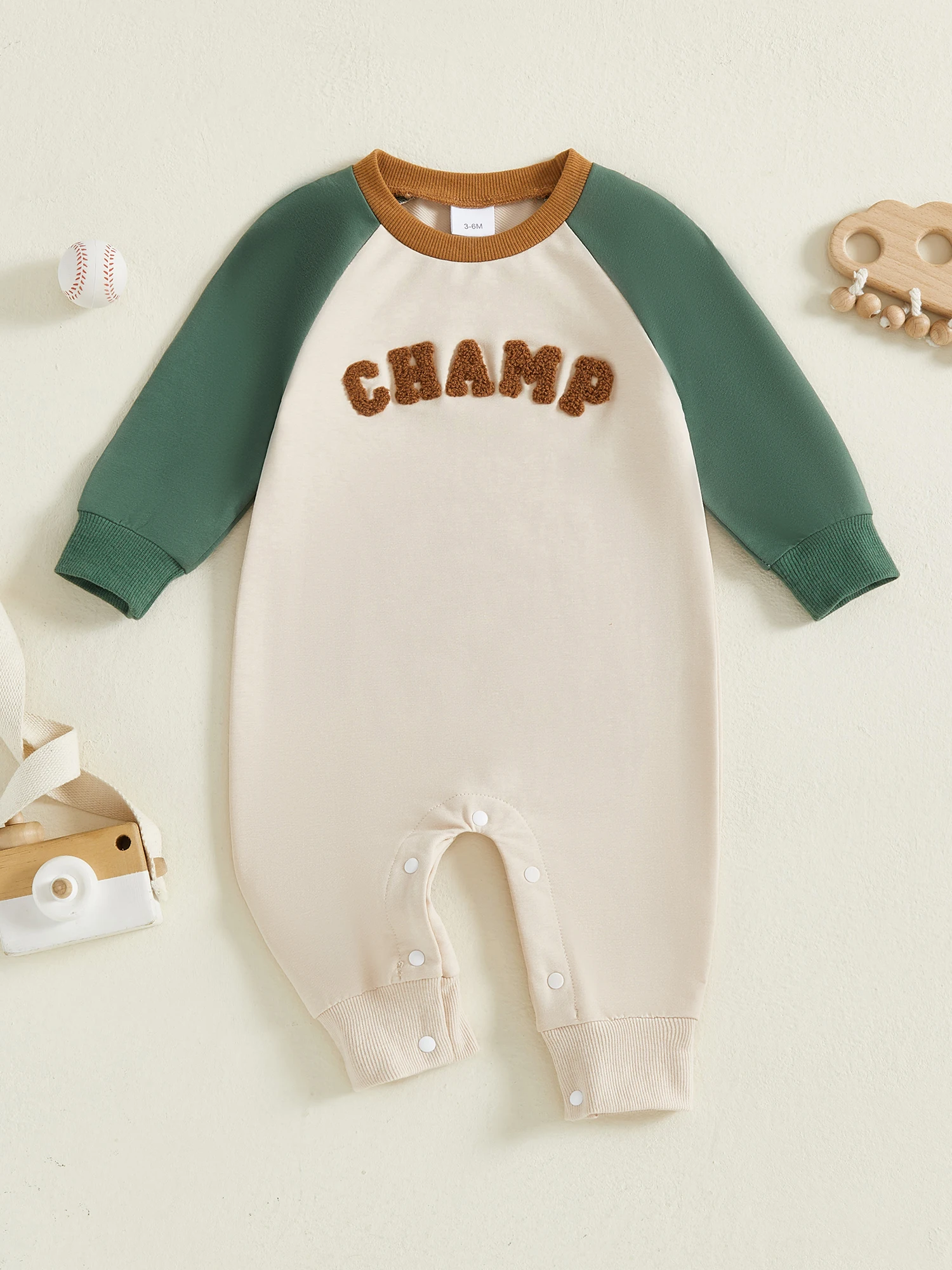 

Infant Boys Fall Overalls with Long Sleeves and Crew Neck Featuring Embroidered Letters and Contrasting Colors Romper