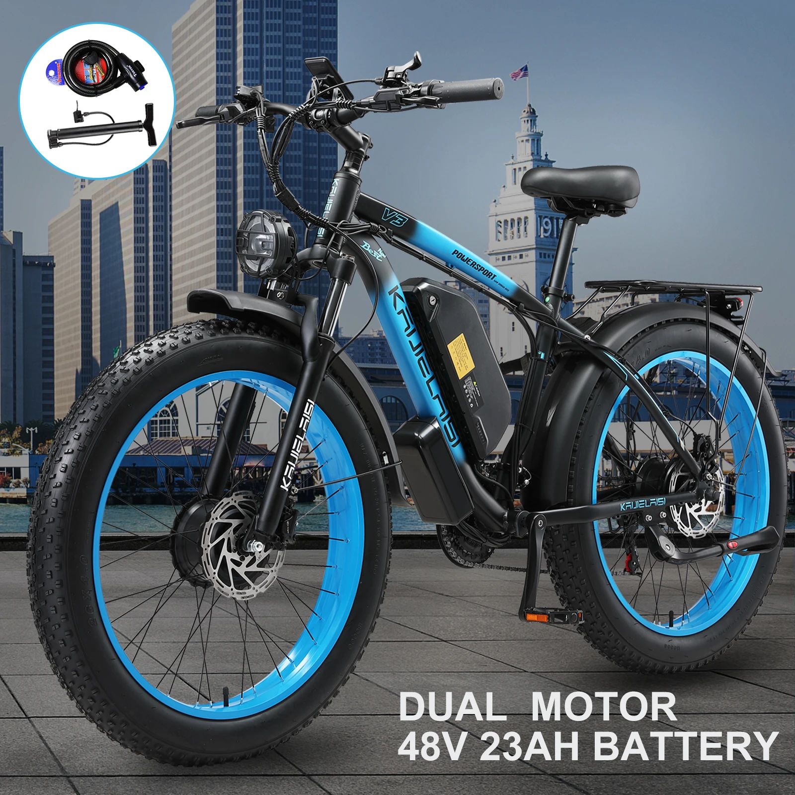Kaijielaisi V3 AWD Electric Bike for Adults, Peak 4000W Power 26” Fat Tire Ebike, Dual Motor Electric Bicycles, 48V 22.4AH Removable Battery Fast Dual Hydraulic Brakes 21-Speed Electric Mountain EBike