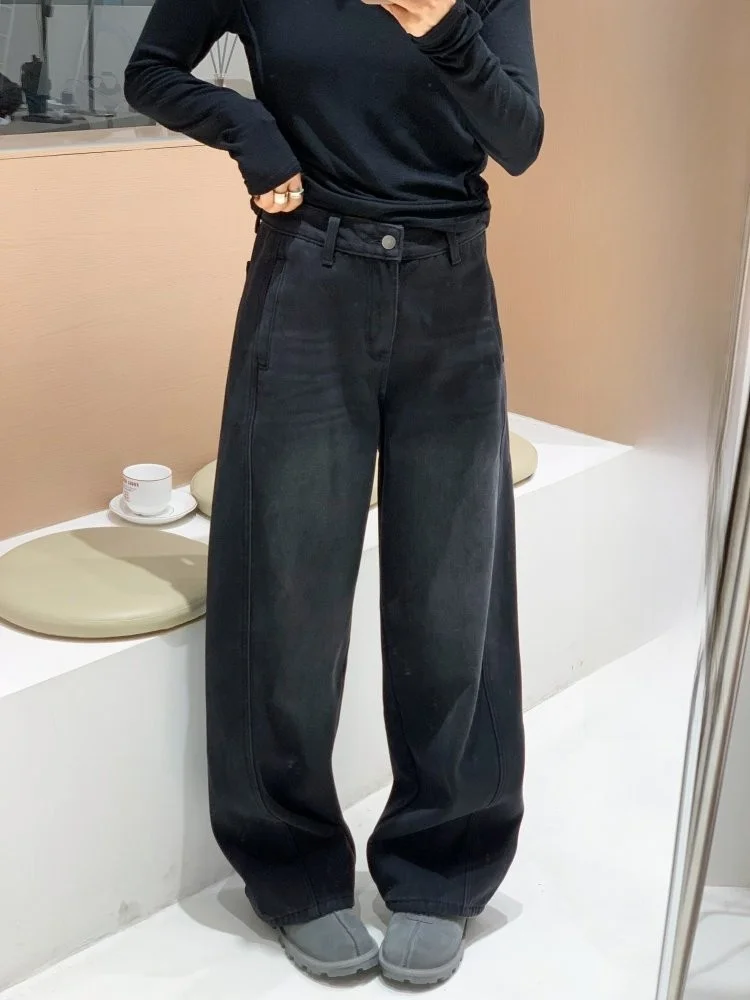 

Зимние утепленные бархатные джинсы Feita угольно-черного цвета с широкими штанинами, свободного прямого кроя, с высокой талией, повседневные брюки из смесового хлопка