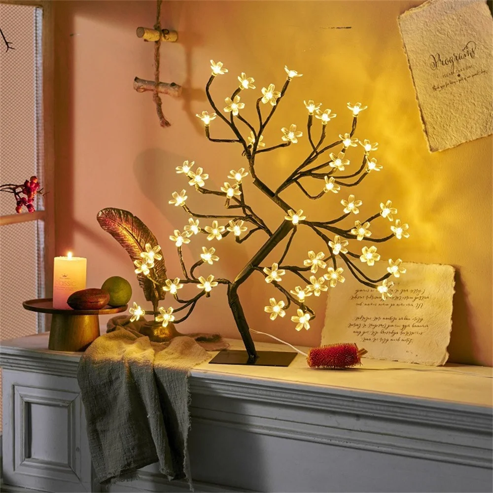 LED Cherry Blossom Tree Night Light lampada da tavolo decorazione a luce calda Bonsai Tree Fairy Desk Lamp per la casa camera da letto ornamento per feste