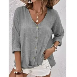 Solid Color Blouses for Women Summer Cotton Linen V Neck Long Sleeve Loose Blouse Casual Button Top Shirts Women'S Clothing 블라우스