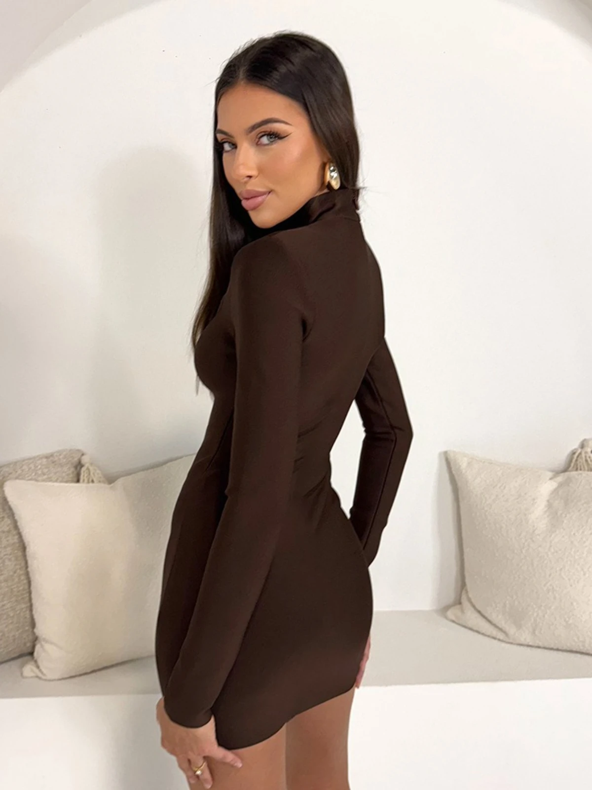 SsTss Sexy Hollow Out Bodycon Mini Dress for Women Elegant Turtleneck Metal Ring Long Sleeve Slim Fit Cut Out Club Party Dress
