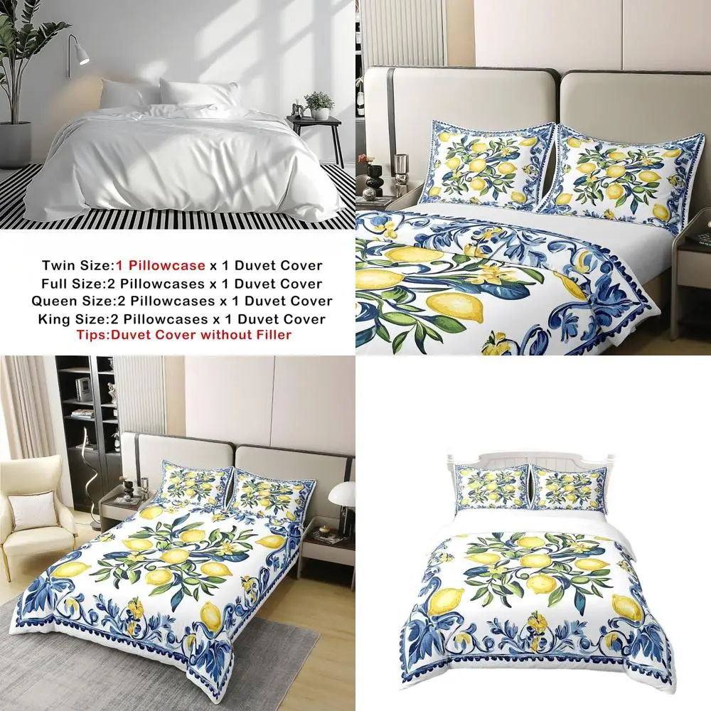 

King Size Pure Cotton Lemon Botanical Duvet Cover Set for Girls, Boys & Kids - 3-Piece Bedding with Pillowcases (No Comforter In