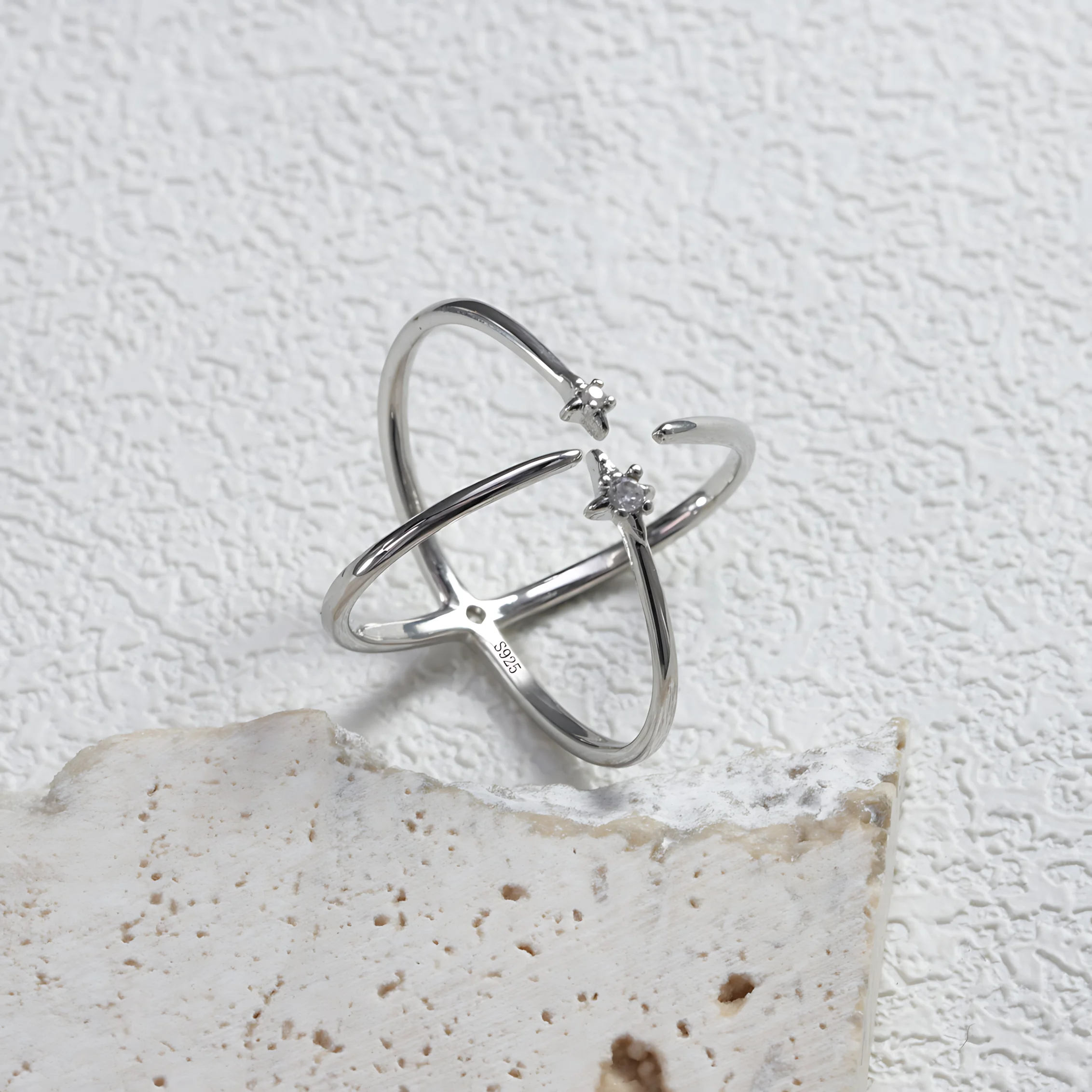 Women's 925 Sterling Silver Four-Pointed Star Zircon Ring