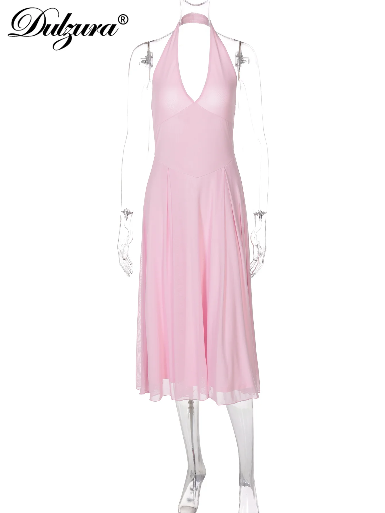 Dulzura 2025 여름 솔리드 섹시 홀터 슬리브리스 백리스 슬림 메쉬 미디 드레스 여성 캐주얼 우아한 파티 클럽 스트리트 의류