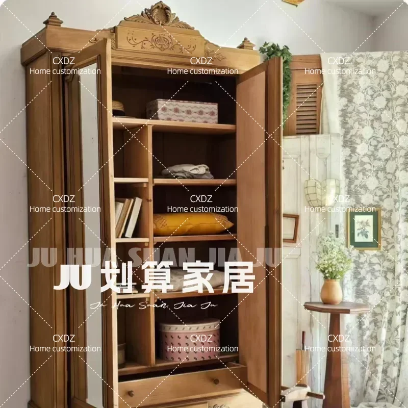 Solid Wood Double Door Wardrobe Retro Carved Bedroom Closet Simple Storage Cabinet for Living Room