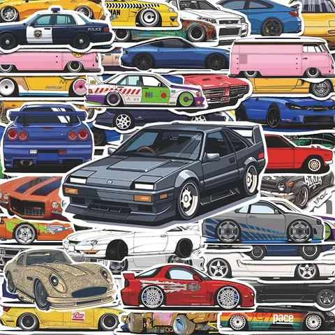 10/30/50pcs JDM Retrofit Racing Car Cartoon Stickers Waterproof DIY Water Bottle Phone Case Bike Cool Graffiti Sticker Packs