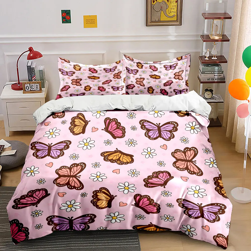 Romantic Butterflies and Daisies Printed Duvet Cover Set 1 Duvet Cover+2 Pillowcase Multi Size Bedroom Bedding Decor