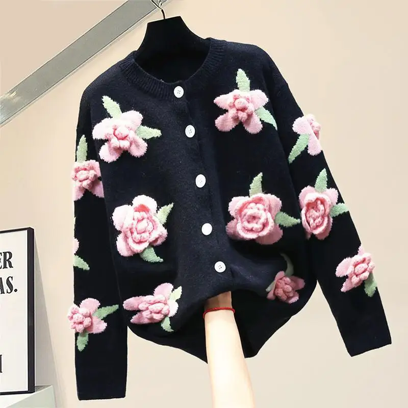

Autumn/Winter Women's Crew-Neck Black Knit Cardigan Sweet Flowers Sweater