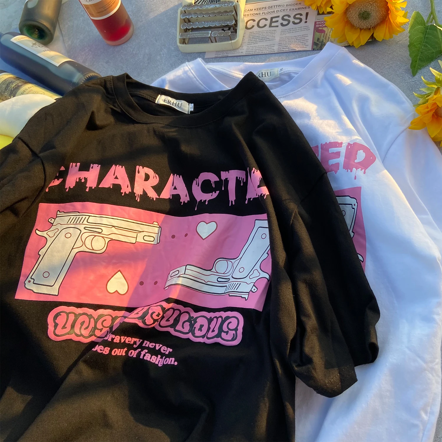 T-Shirt oversize donna Hip Hop Sweet Punk Pink Gun Print Tshirt Harajuku Shirt allentata a maniche corte T-Shirt donna vestiti