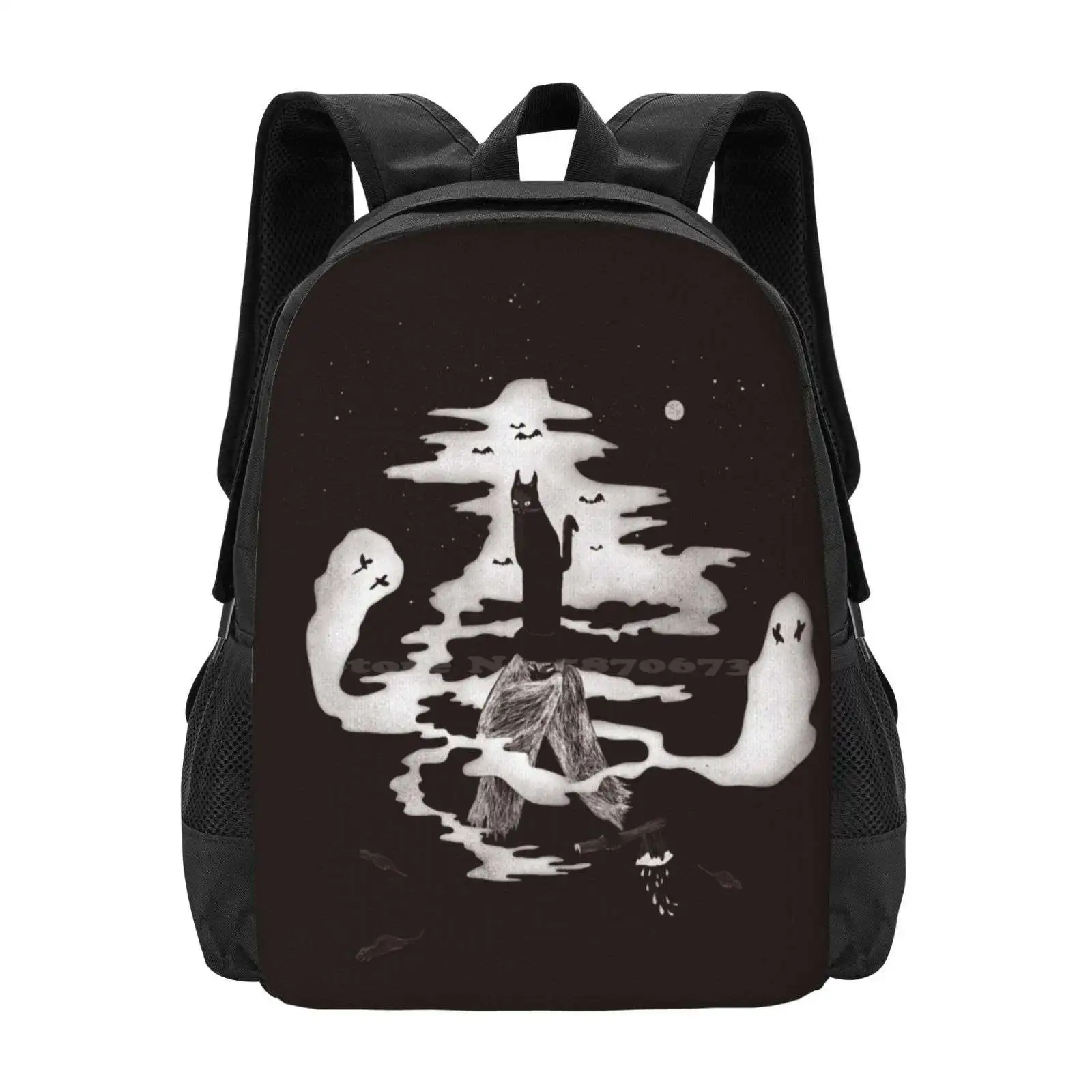 Spooky Night Hot Sale Schoolbag Backpack Fashion Bags Night Spooky Creepy Dark Cat Ghost Halloween Horror Scary