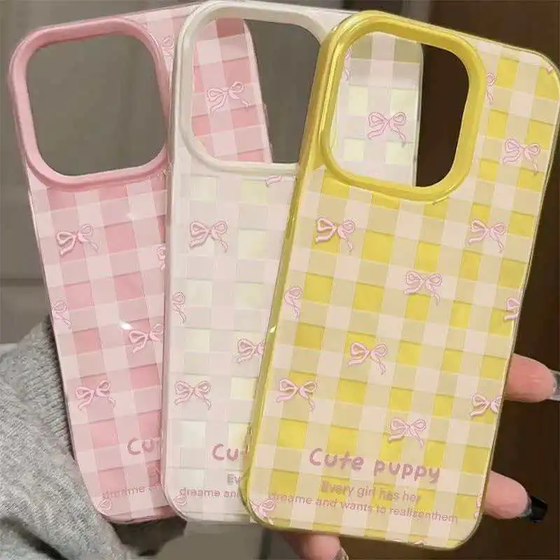 Checkered Pink Bow Phone Case For IPhone 17 Air 16 15 14 13 12 11 Pro Max Girl Cover For iPhone 16 15 14 Plus 13 12 Cover Funda view 6