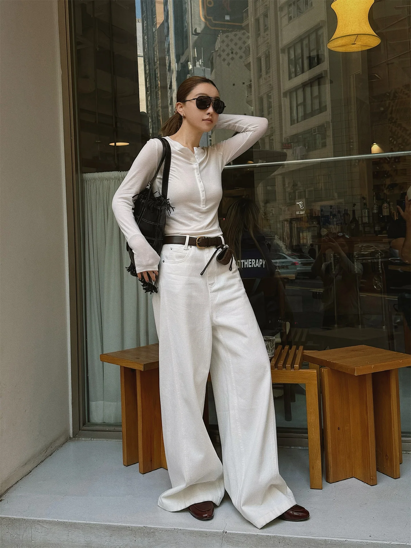 

Low Waist Wide Leg Casual Jeans White Loose Fit Ladies Jeans Spring Season Pure Color Cotton Fabric Street Sle Master