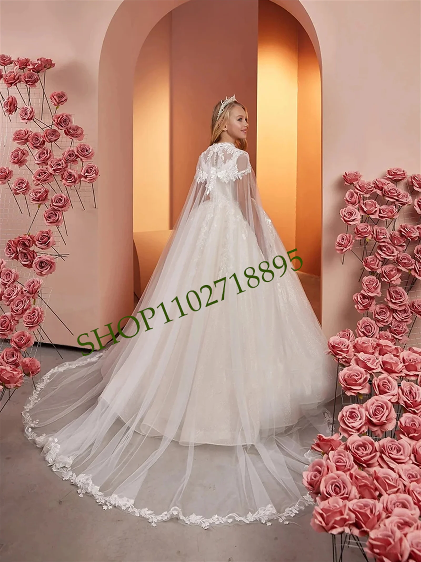 Elfenbein Pailletten exquisite Prinzessin Ballkleid Erstkommunion Abschluss ball Kostüme Blumen mädchen Kleider für Hochzeiten mit Umhang