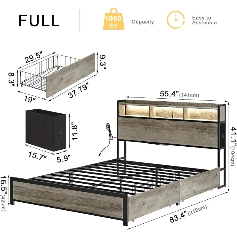 Full Bed Frame with Bookcase Headboard and 2 Drawers LED Lights Metal Platform Non-Slip Strong Metal Slats Support ,Greige, Full