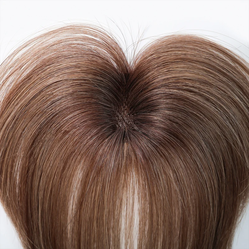 Jepit Rambut Manusia Coklat Muda Di Pinggiran dengan Cambang 5X5Cm Poni Tipis Bagian Atas untuk Wanita 100% Ekstensi Rambut Manusia untuk Sehari-hari