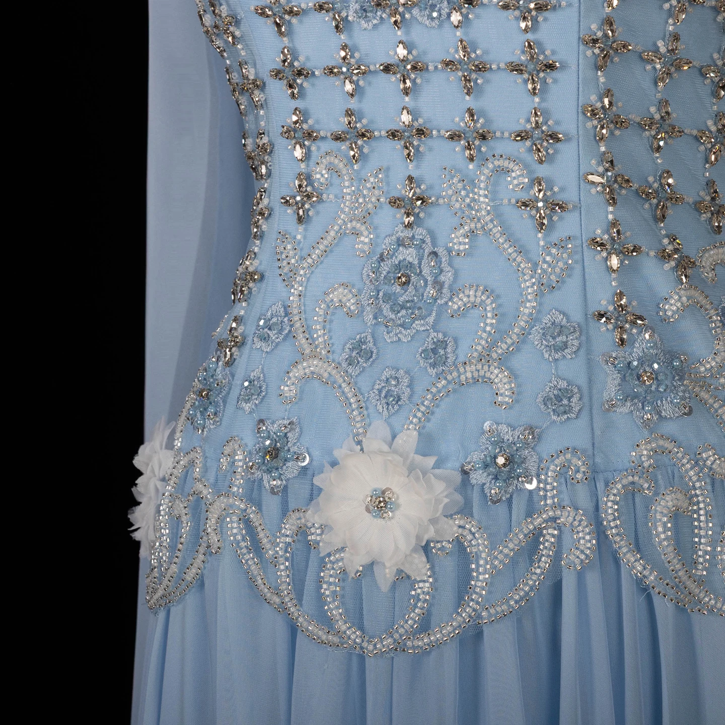 Sharon Said Elegantes Blaues Chiffon-Abendkleid, Einschultriges, Handbesticktes 3D-Blumenkleid für Hochzeitsfeier, SS285, Maßanfertigung – Detail 9