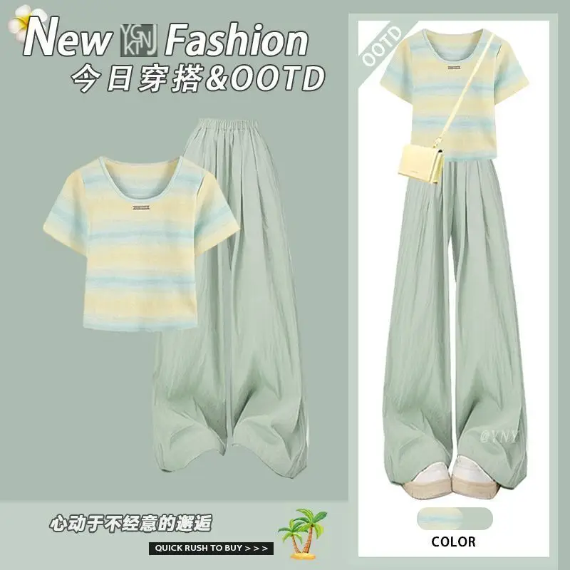

Summer Suit Women 2025 New Contrasting Striped Short-sleeved Top Slim Casual Pants Korean Two-piece Set