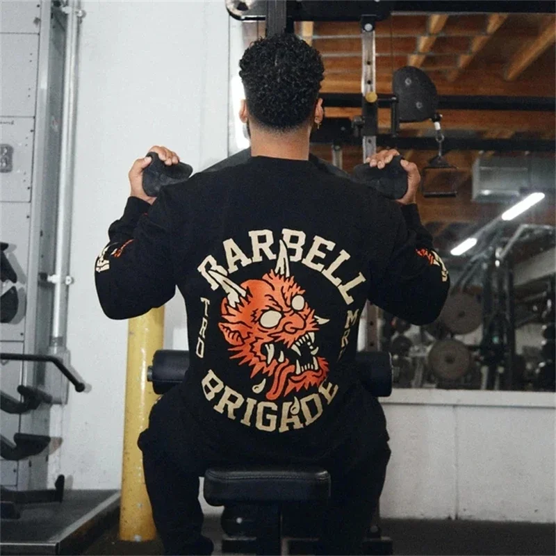 

BARBELL BRIGADE 2024 Men T-shirt Long Sleeve Shirt 100% Cotton Print T-shirts Male Fitness Bodybuilding Sports Workout Tee Tops