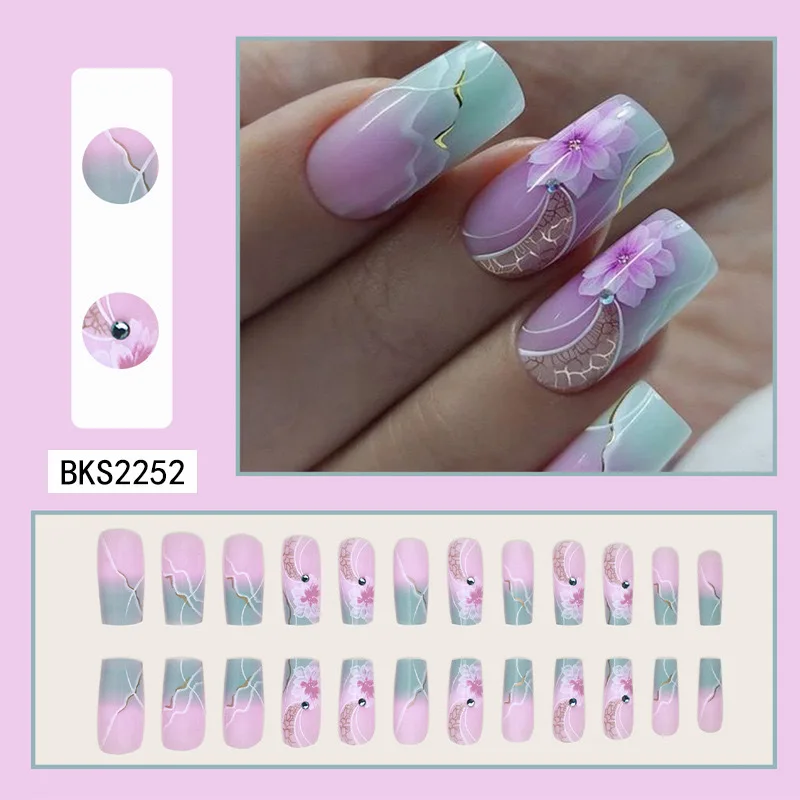 24Pcs Sweet Medium Square False Nails with Glue Blush Pink Flowers Fake Nails Full Cover French Acrylic Press on Nails for Girls