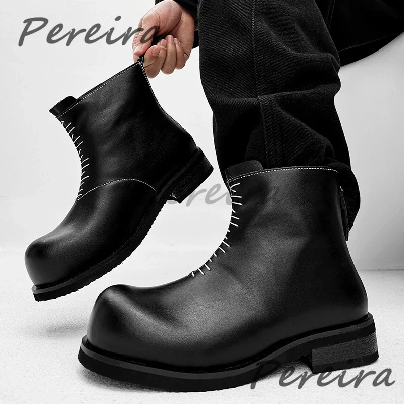 

Big Round Toe Short Boots Retro Sewing Design Slip-On Chelsea Boot Novelty Thick Soled Back Zipper Walking Casual High Top Shoes